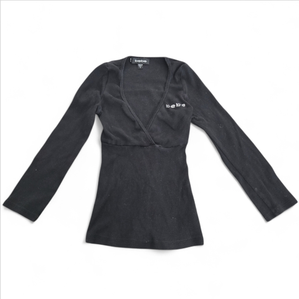 Bebe Black Long Sleeve Long Top, Size Small With Rhinestone Logo